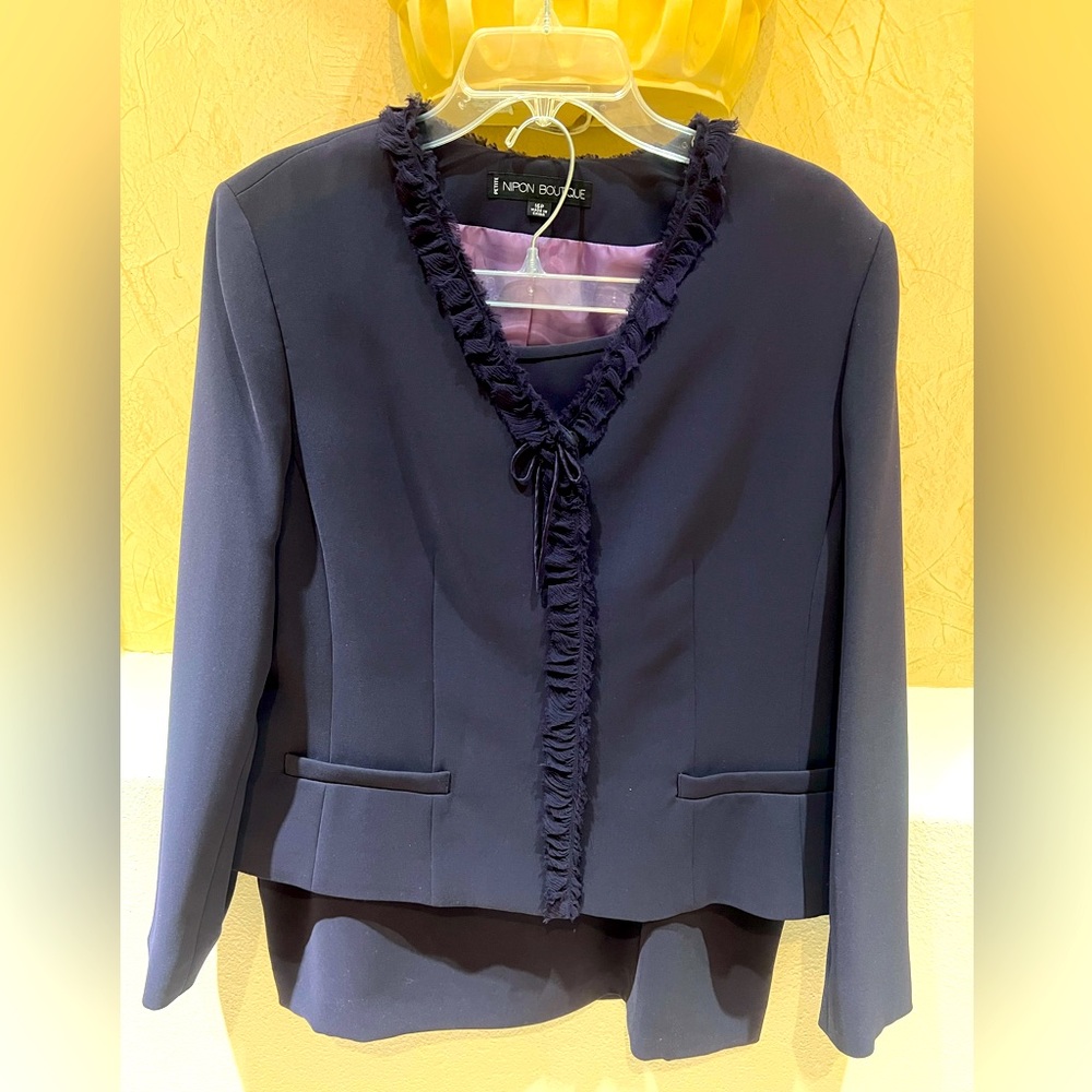 Nipon Boutique Deep Eggplant Colored Tailored suit with Ruffled Trim